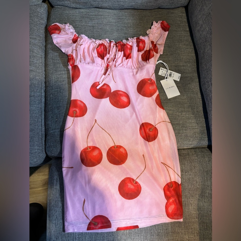La Hearts Pink Cherry Print Mini Dress